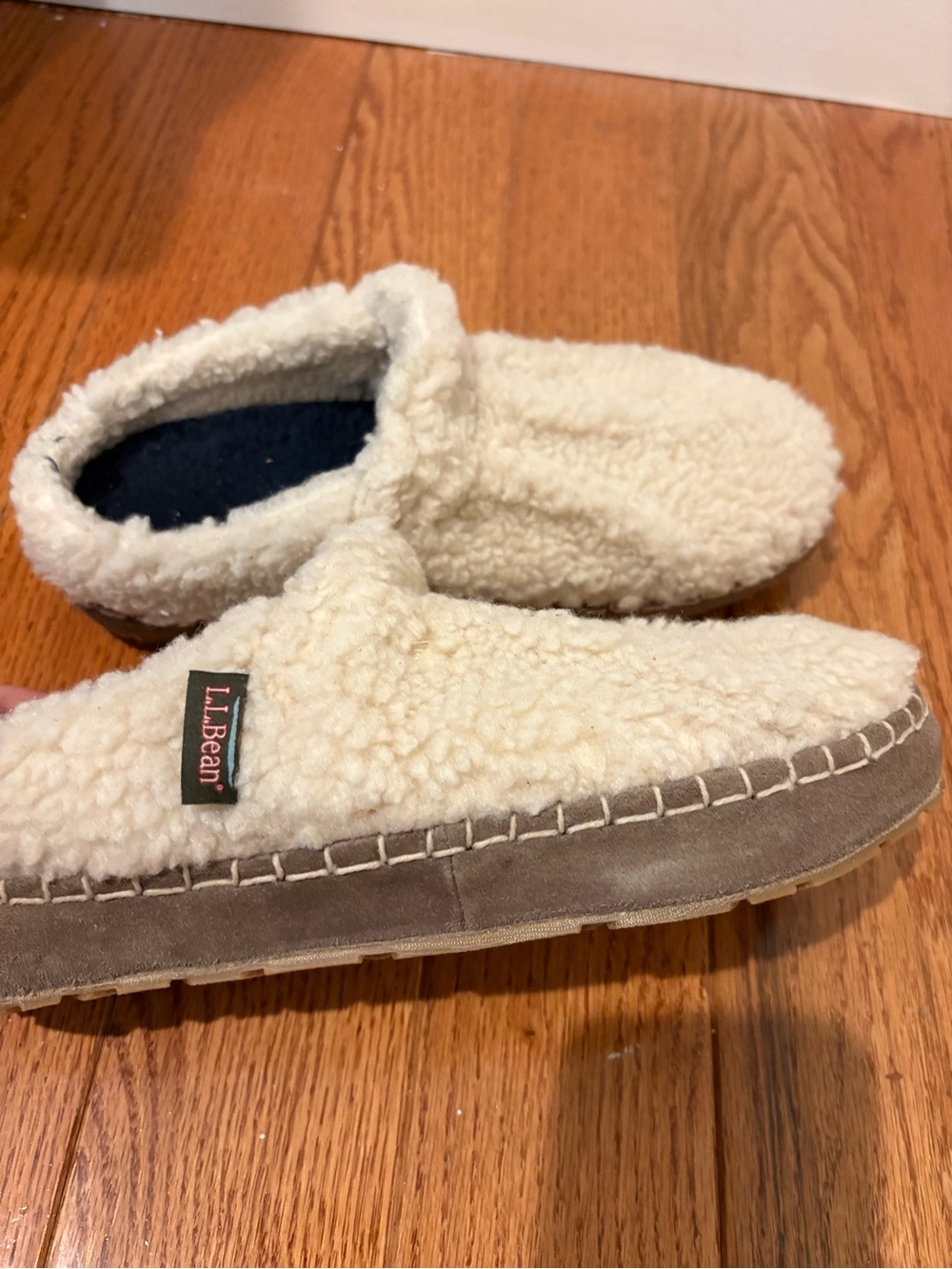 L.L. Bean Kids Cream Sherpa Slip-On Slippers with Brown Trim